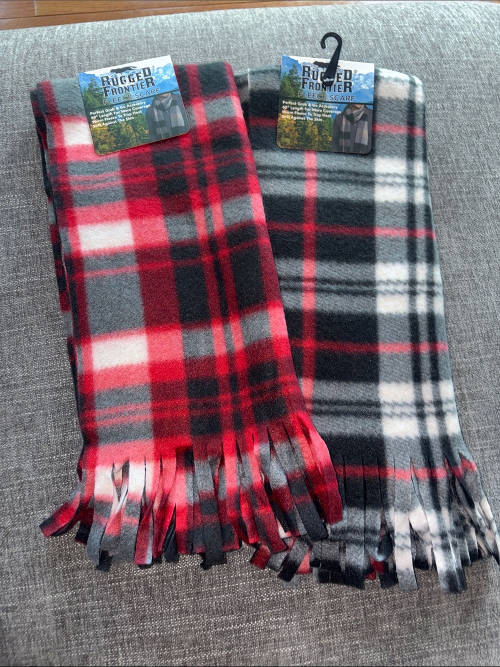 2 Plaid Fleece Scarves - Red & Black / Gray & White